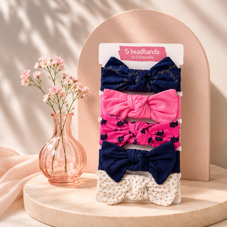 Baby Girl Bow Knot Headbands Set (Pack of 5) – Soft Stretchy Cotton Headwraps for Newborns & Infants
