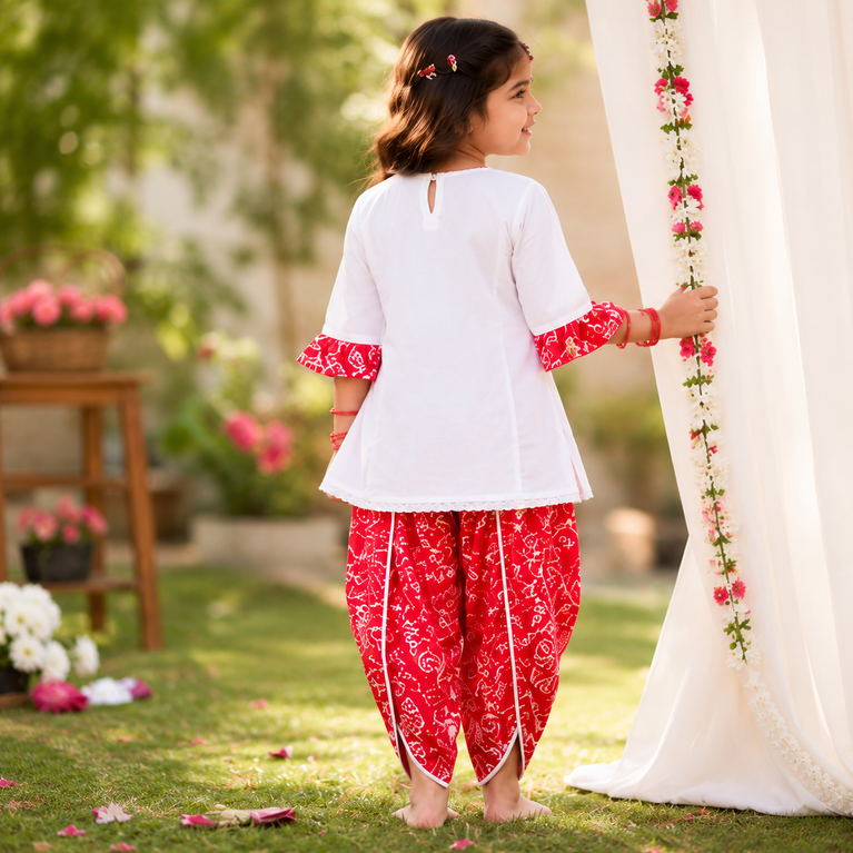 White Embroidered Peplum Kurti with Red Dhoti Pants Set | Kids Ethnic Festive Wear | Traditional Co-ord Outfit