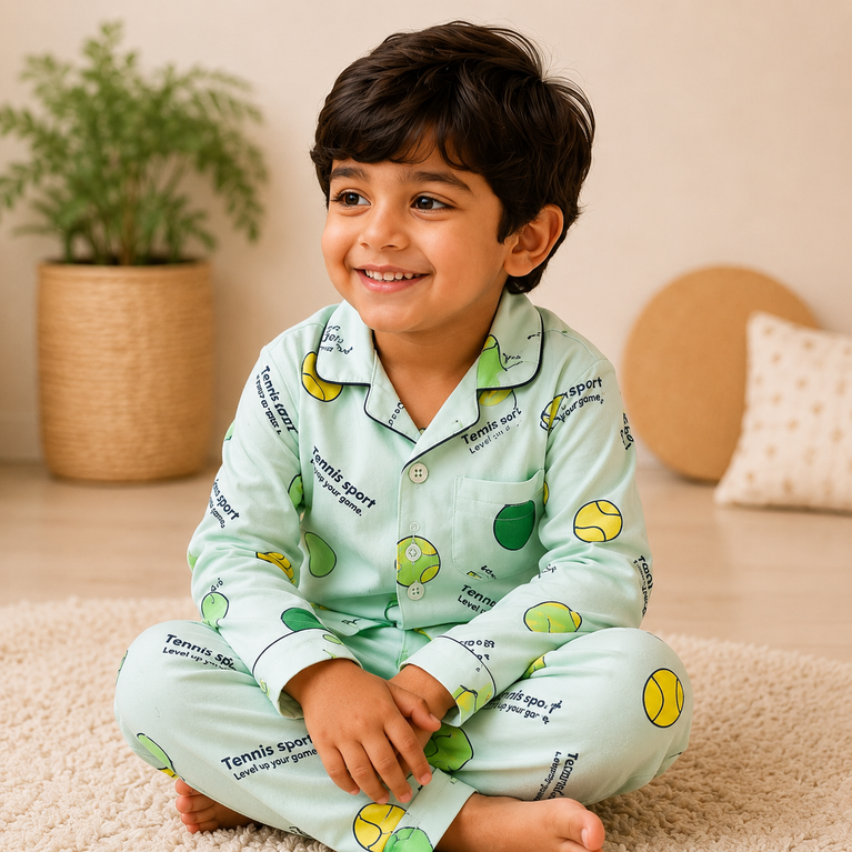 DOREME Kids Tennis Print Cotton Night Suit Set for Boys & Girls | Soft Half Sleeve Shirt & Pajama Co-ord Sleepwear | Mint Green