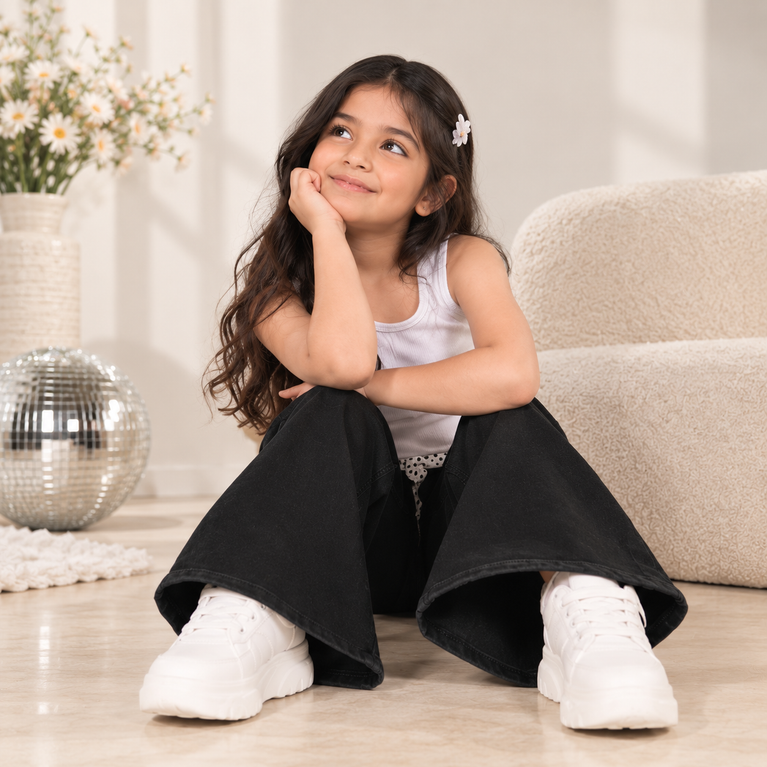 Black Cargo Jeans for Girls with Stud Details & Belt| 6-7 years