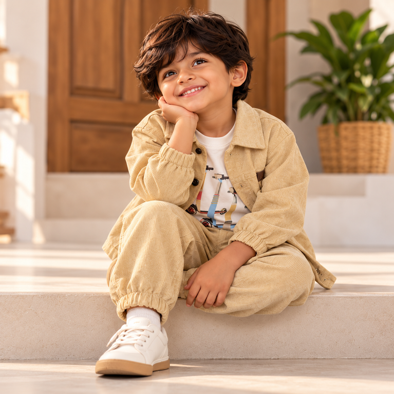 Beige Corduroy Jacket, Graphic T-Shirt & Jogger Set for Boys | Stylish Kids Outfit