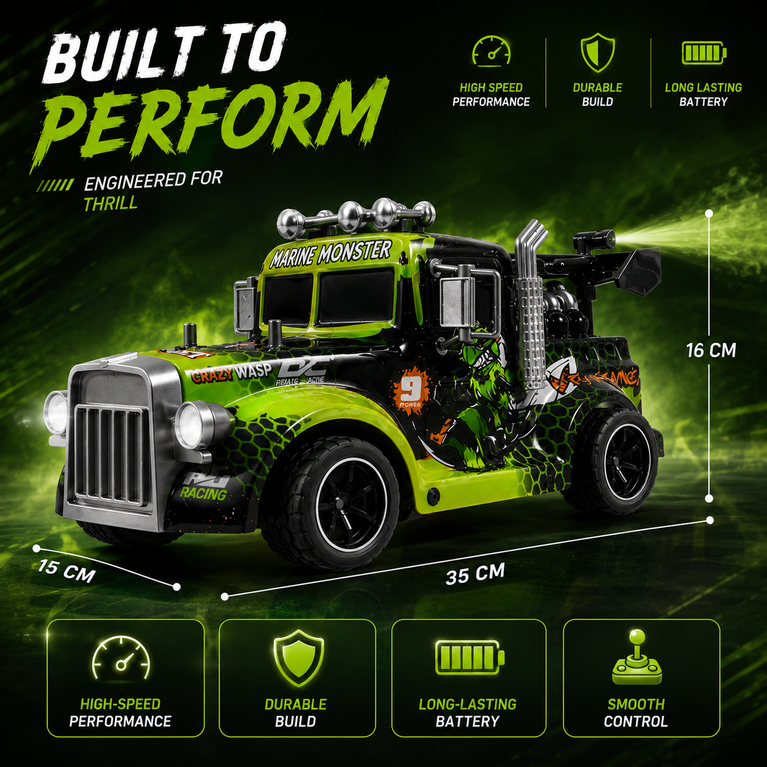 Hornet RC Spray Light Truck with 2.4GHz Remote Control, LED Lights &amp; Mist Spray – Rechargeable Racing Toy for Kids