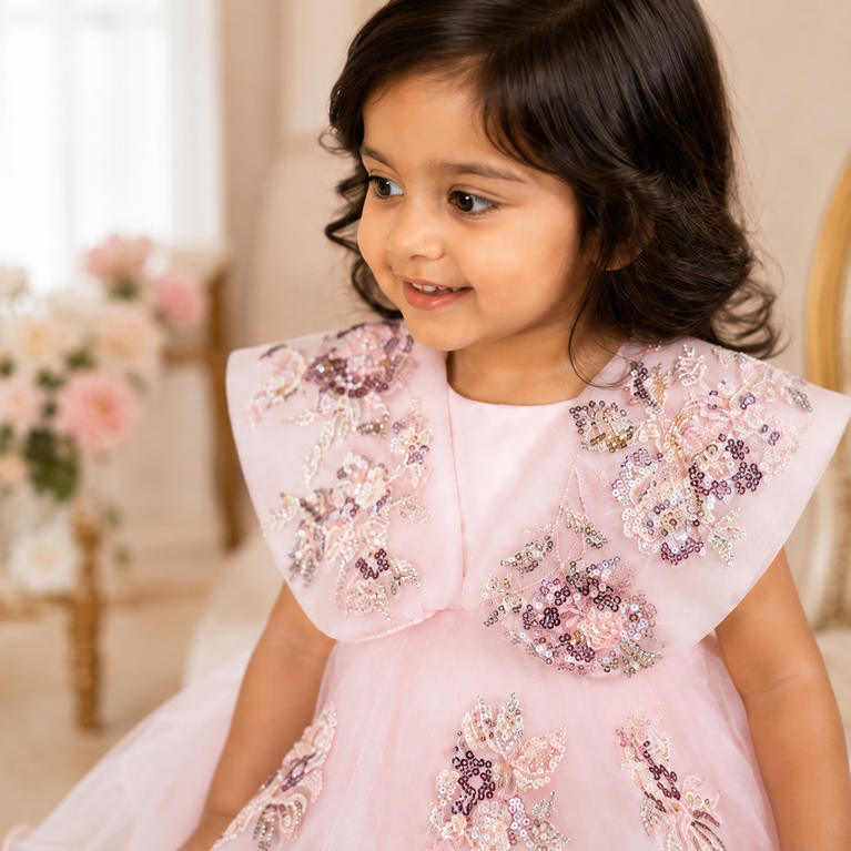 Blush Pink Floral Sequin High-Low Party Dress with Layered Ruffles