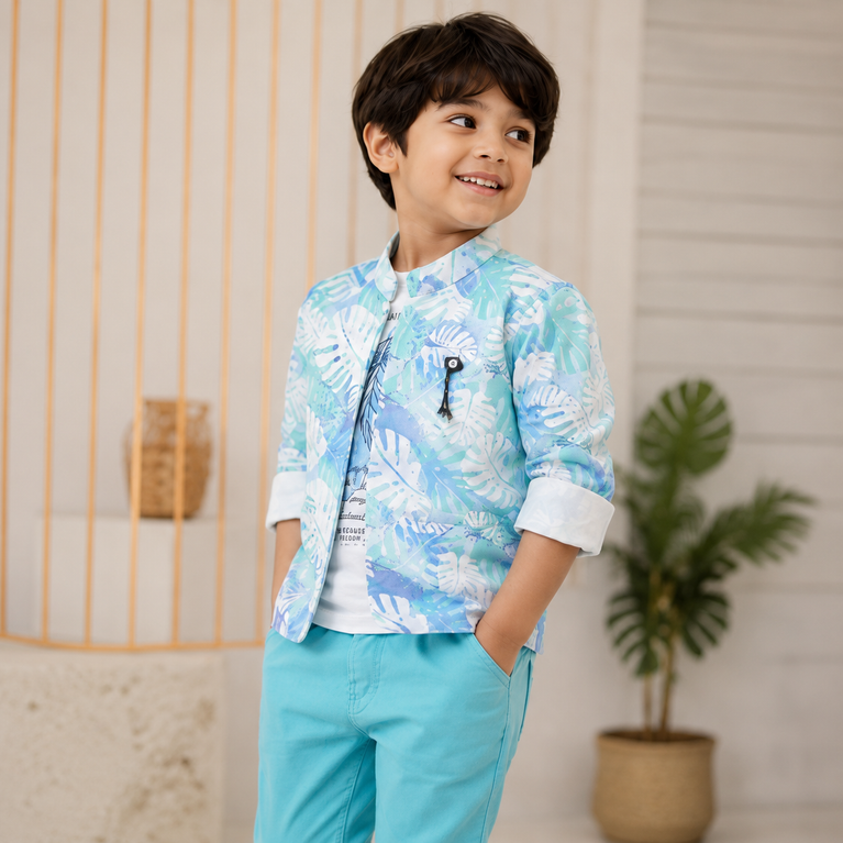 Blue & Aqua Printed Blazer Set | Stylish Kids Party Wear