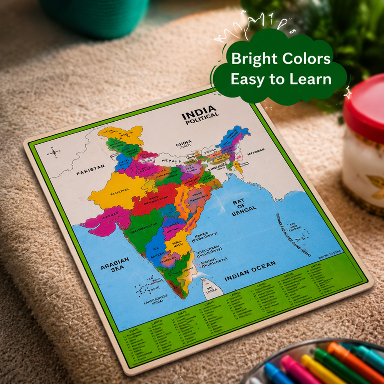 India Political Map Wooden Puzzle Board for Kids | Educational Geography Learning Toy