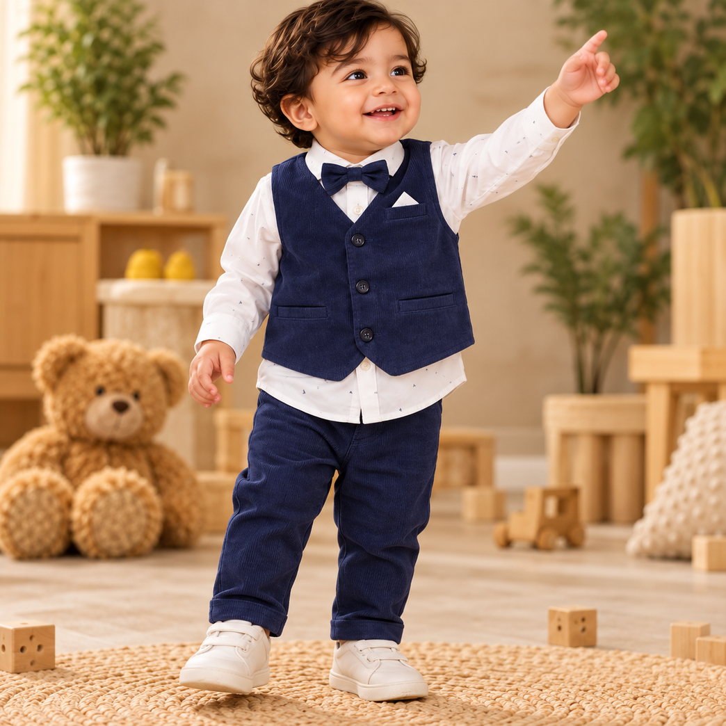 Navy Blue Corduroy Waistcoat, Shirt & Pants Set for Boys
