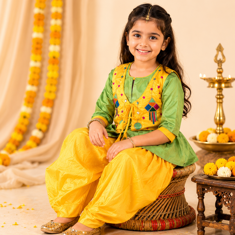 Girls Festive Dhoti Kurta Set with Embroidered Jacket – Traditional Ethnic Wear for Kids