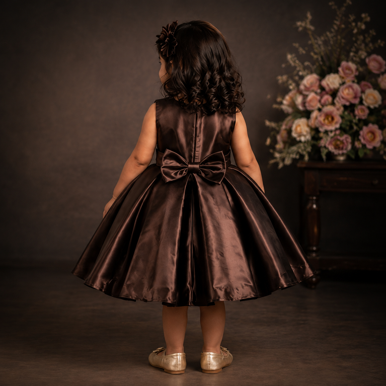 Chocolate Brown Satin Floral Party Dress