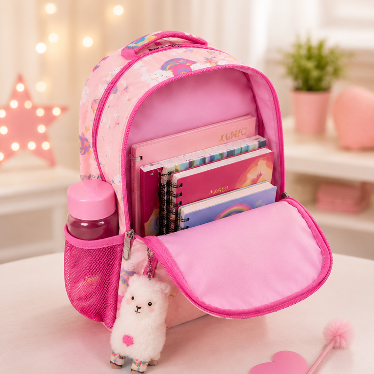 SCOOBIES Llama &amp; Rainbow Print Kids School Backpack with Padded Straps &amp; Side Mesh Pockets | Pink