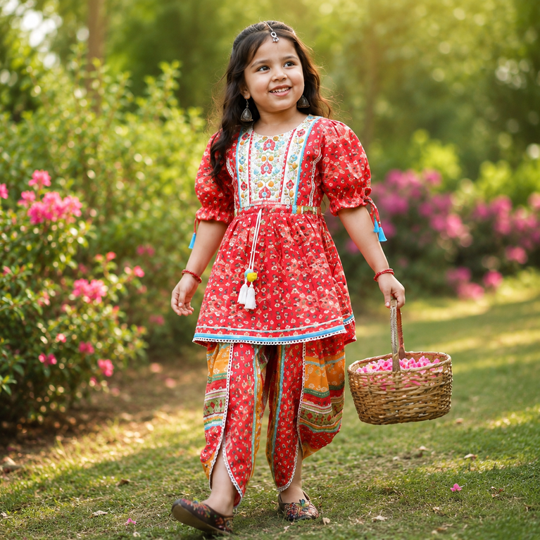 Krazy Girls Dhoti Style Peplum Red Kurti with Multicolor Digital Print and Mirror work