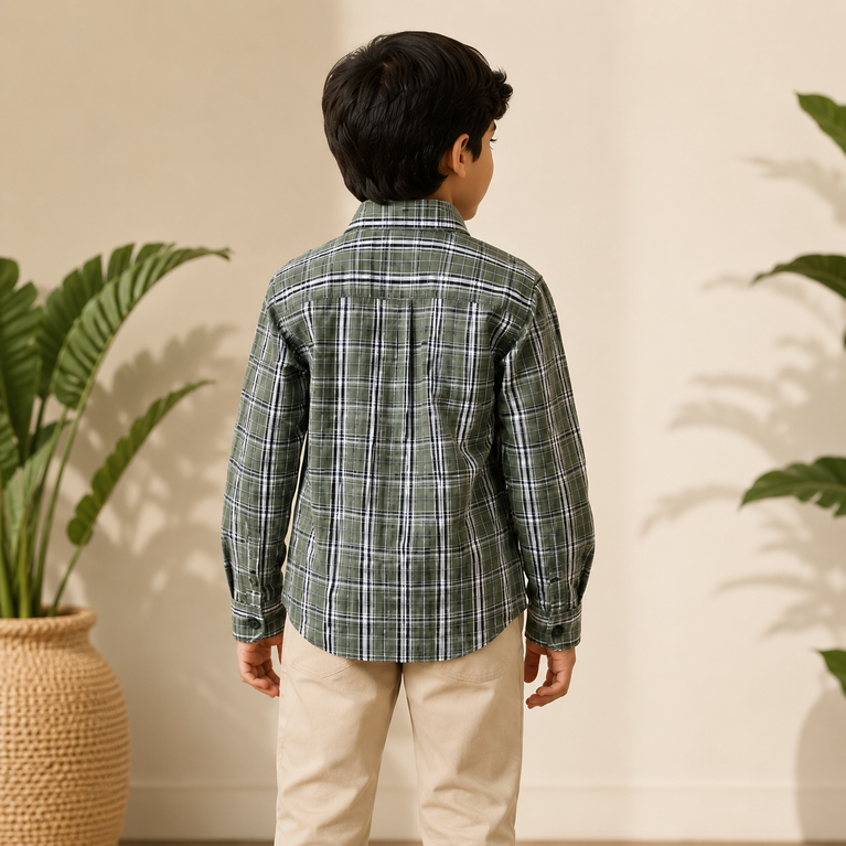 Boys Classic Olive Green Checked Full Sleeve Cotton Shirt