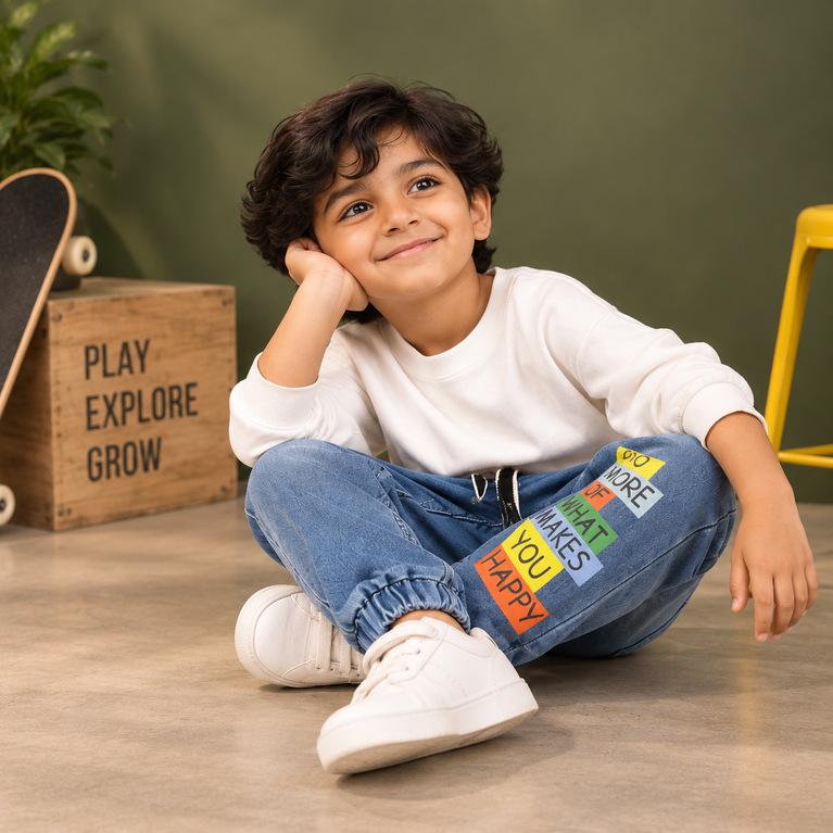 Light Blue Printed Jogger Jeans with Drawstring | Kids Denim Joggers
