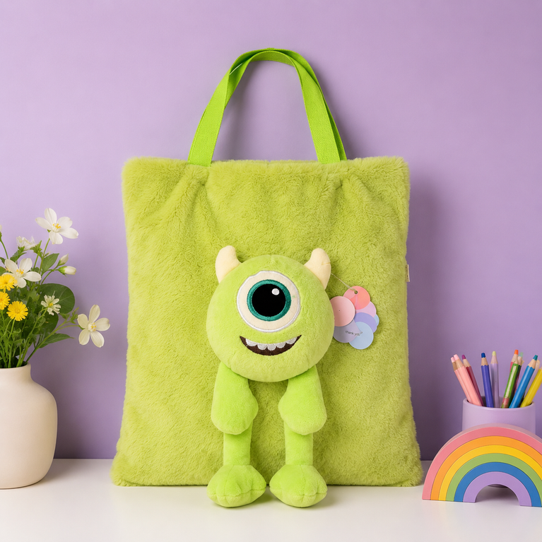 Plush Monster Tote Bag for Kids | Soft Furry Shoulder Bag with 3D Cartoon Plush Toy (Green)