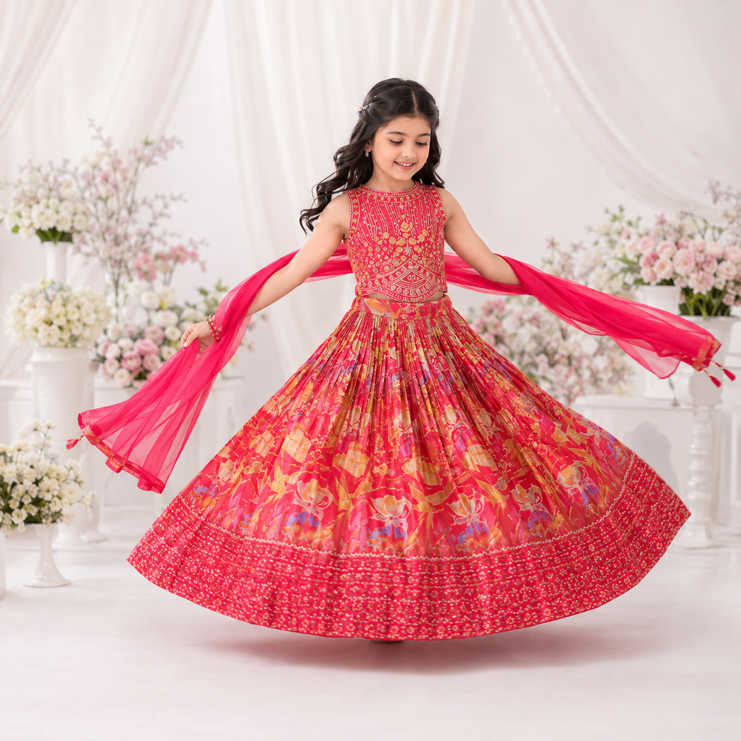 Girls Floral Printed Embroidered Lehenga Choli Set with Dupatta – Pink & Red Festive Ethnic Wear