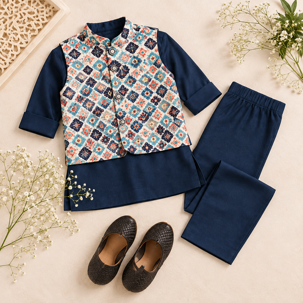 Aagam Full Sleeves Solid Kurta Pyjama Set with Printed Jacket - Navy Blue