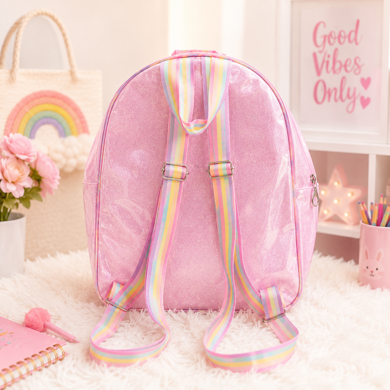 Girls Glitter Transparent Backpack with Sequin Pocket &amp; Rainbow Adjustable Straps