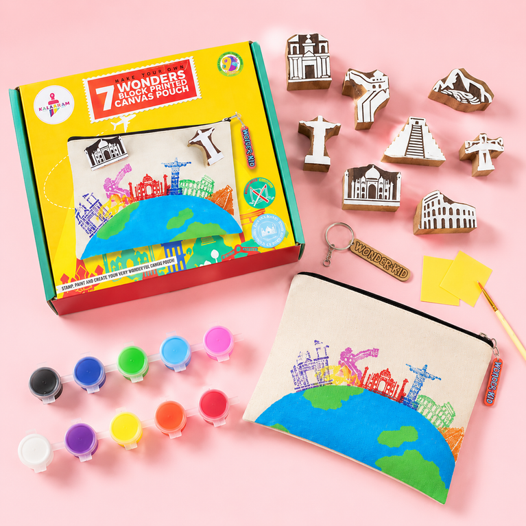 KALAKARAM DIY Block Print Canvas Pouch Kit - Create Your Own 7 Wonders Pouch, DIY Painting Kit For Kids, Learn By Doing, Art Intergrated Learning, Creative Activity Kits For Kids Age 9+Multicolor