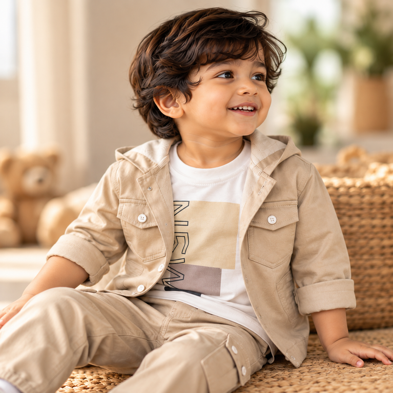 Beige Kids Cargo Jacket & Jogger Set | Stylish Casual Outfit for Boys