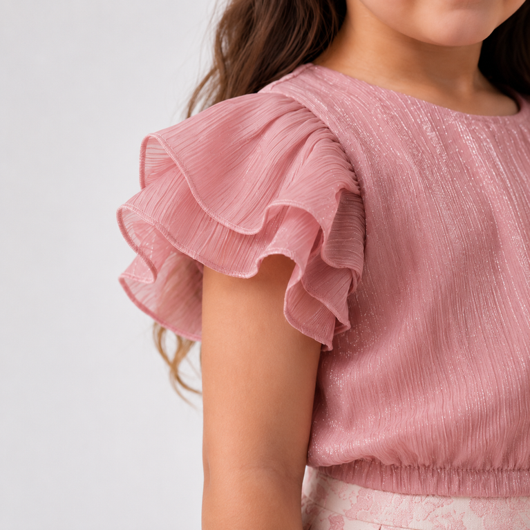 Dusty Rose Shimmer Ruffle Top & Floral Pleated Skirt Set