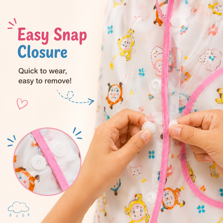 Kids Waterproof PVC Hooded Raincoat with Transparent Brim | Cartoon Print Lightweight Rain Wear for Boys & Girls | White & Pink