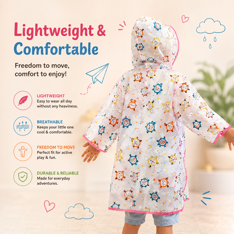 Kids Waterproof PVC Hooded Raincoat with Transparent Brim | Cartoon Print Lightweight Rain Wear for Boys & Girls | White & Pink