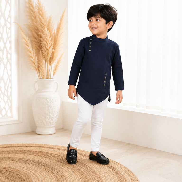 Ninos Boys Cotton Full Sleeves Festive Multidesign Party Kurta Pyjama Set- Navy
