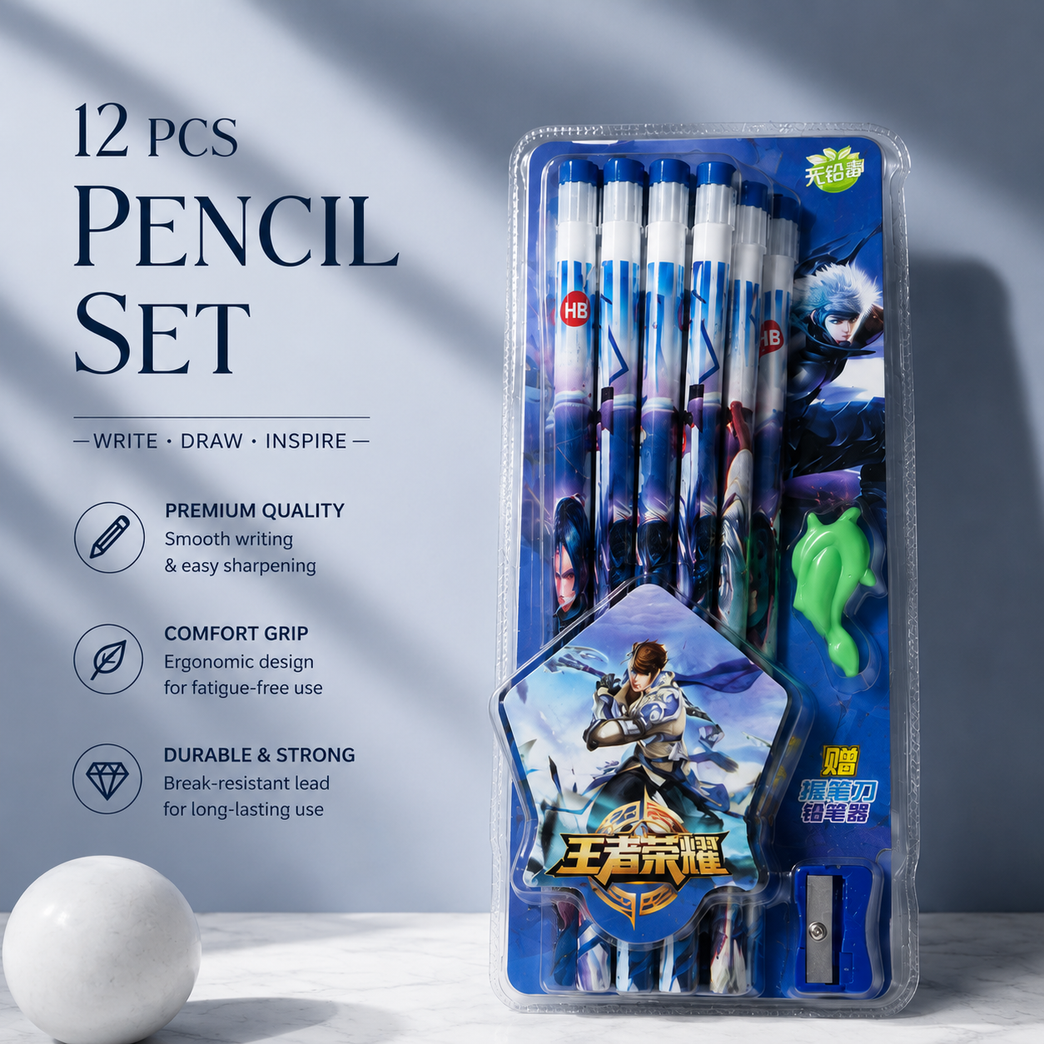Anime Theme 12 PCS HB Pencil Set with Sharpener & Grip | Smooth Writing School Stationery Kit for Kids & Students