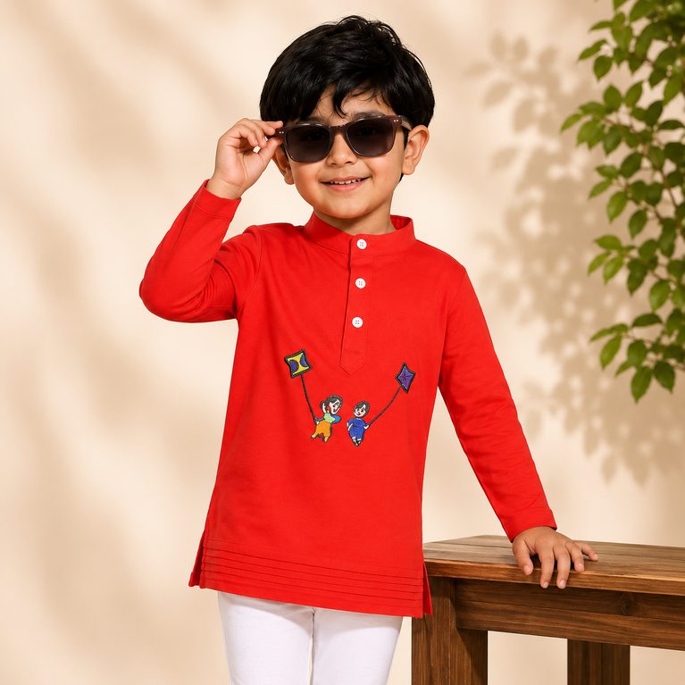 Ninos Boys Cotton Full Sleeves Festive Multidesign Party Kurta Pyjama Set- Red