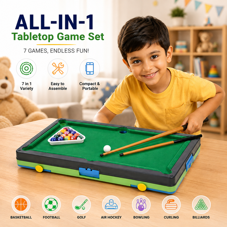 7-in-1 Tabletop Game Set for Kids | Mini Pool, Basketball, Football, Bowling, Golf, Air Hockey & Curling | Portable Indoor Family Board Game