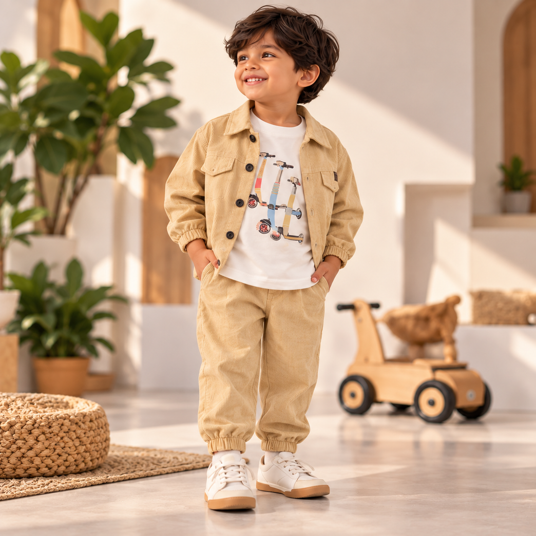 Beige Corduroy Jacket, Graphic T-Shirt & Jogger Set for Boys | Stylish Kids Outfit