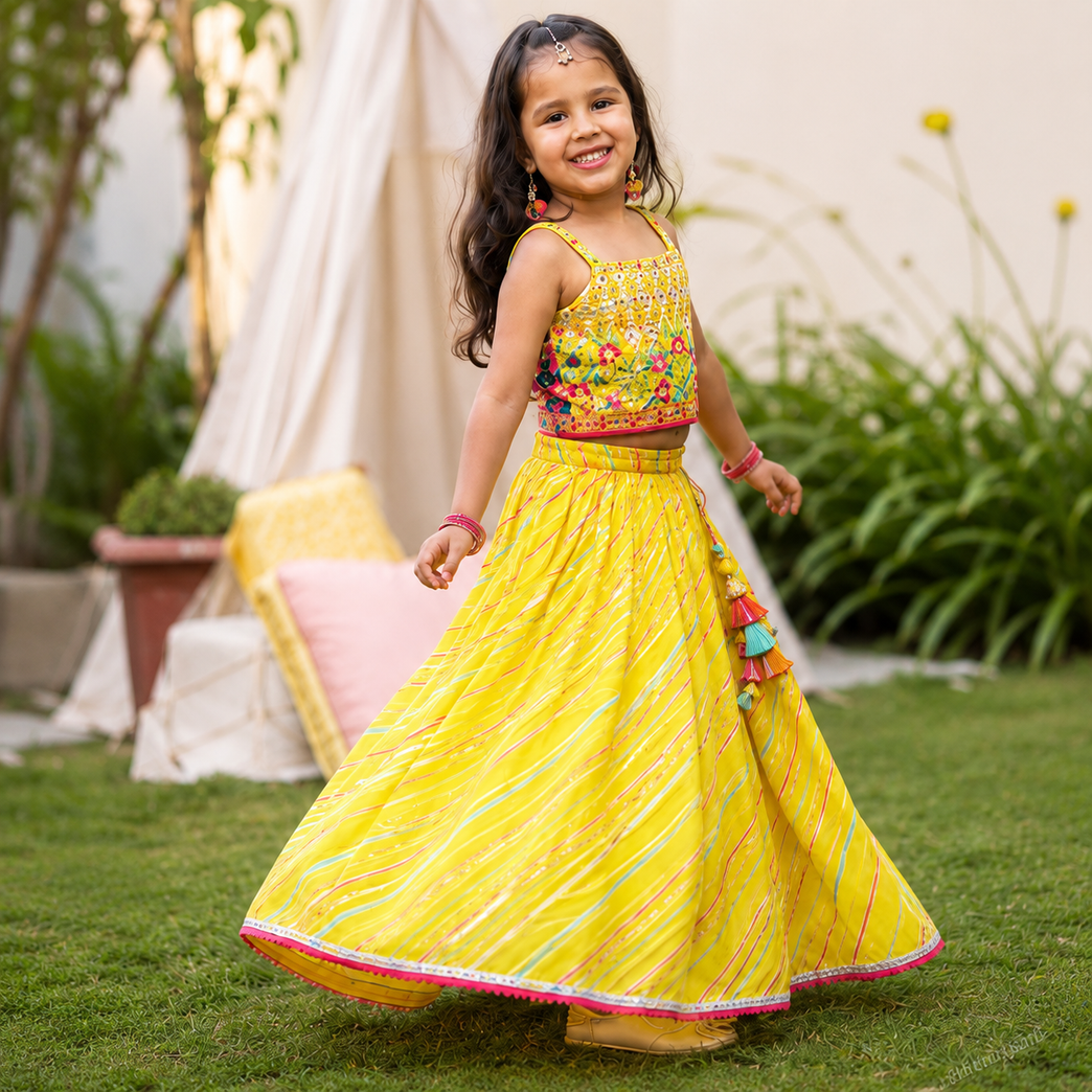Yellow Embroidered Lehenga Choli Set | Floral Mirror Work Festive Ethnic Wear for Kids | Wedding, Haldi &amp; Festival Outfit