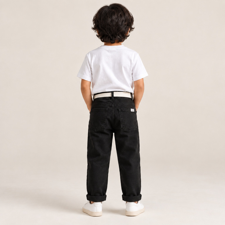 Black Denim Jeans for Boys with Belt | Regular Fit Kids Jeans