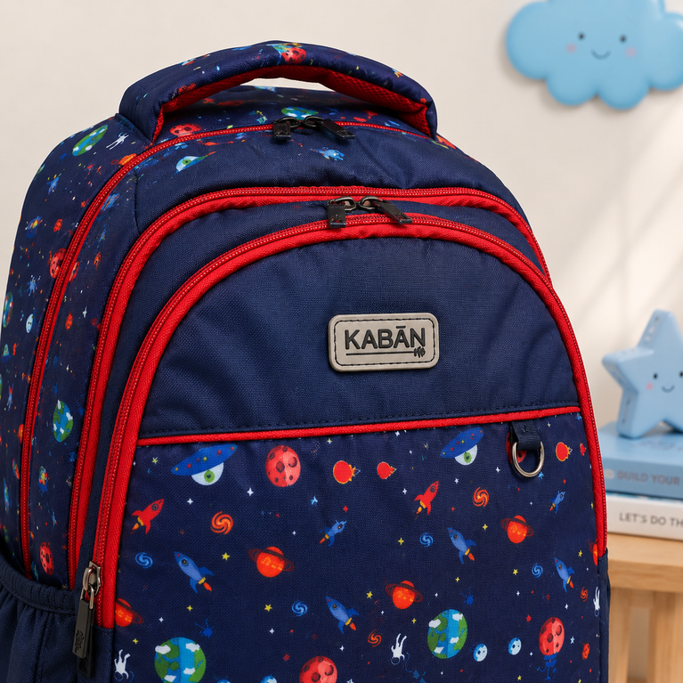 Space Print School Backpack with Padded Straps, Multiple Compartments &amp; Side Pockets | Navy Blue &amp; Red