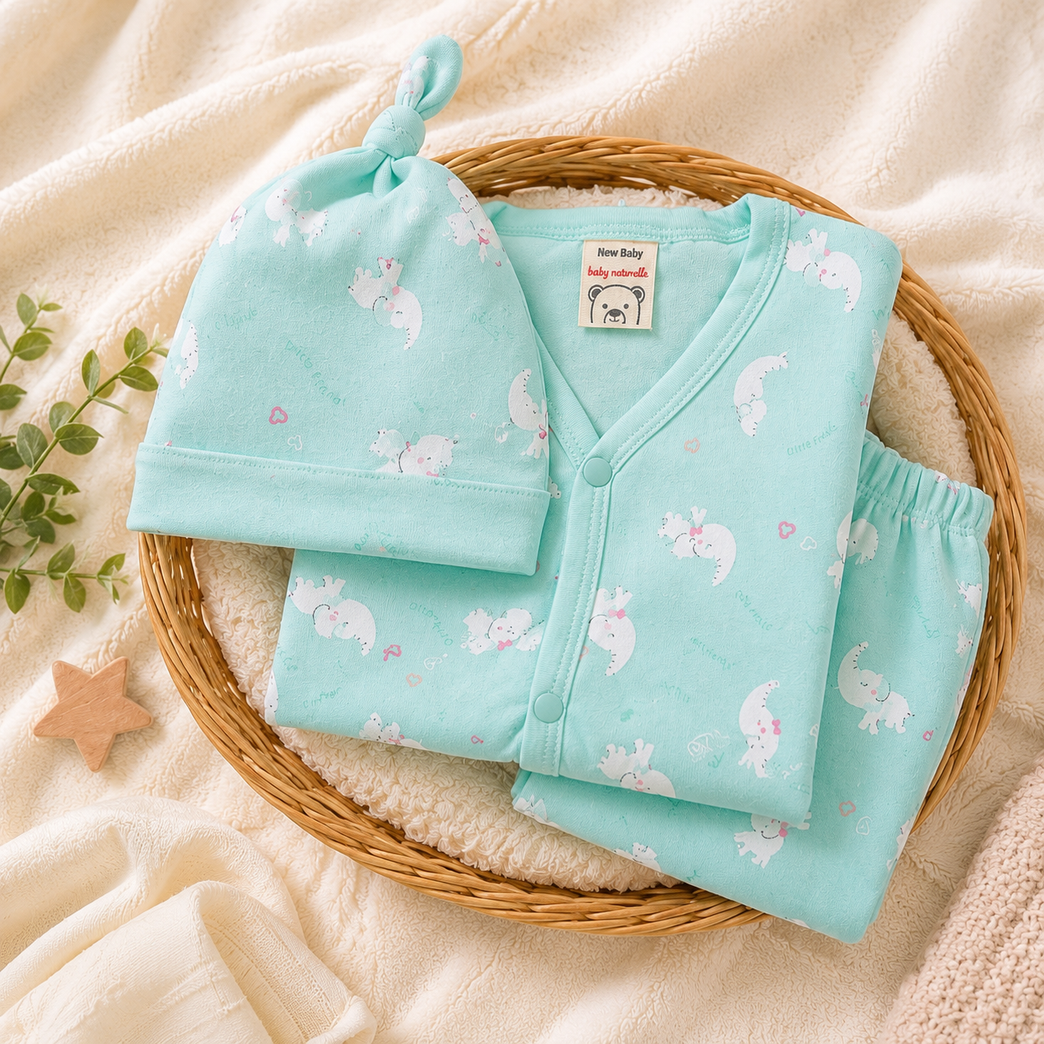 Newborn Baby Cotton Bunny Print Clothing Set with Cap | Full Sleeve Front-Button Top & Pants | Soft & Gentle Baby Wear (3-Piece)