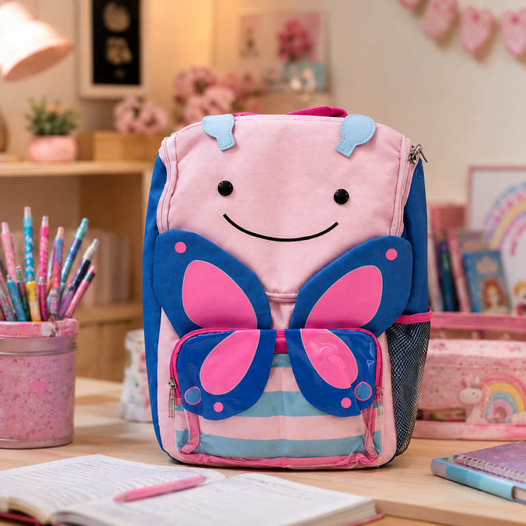 Butterfly Design Kids School Backpack with 3D Wings &amp; Side Bottle Pocket | Pink &amp; Blue