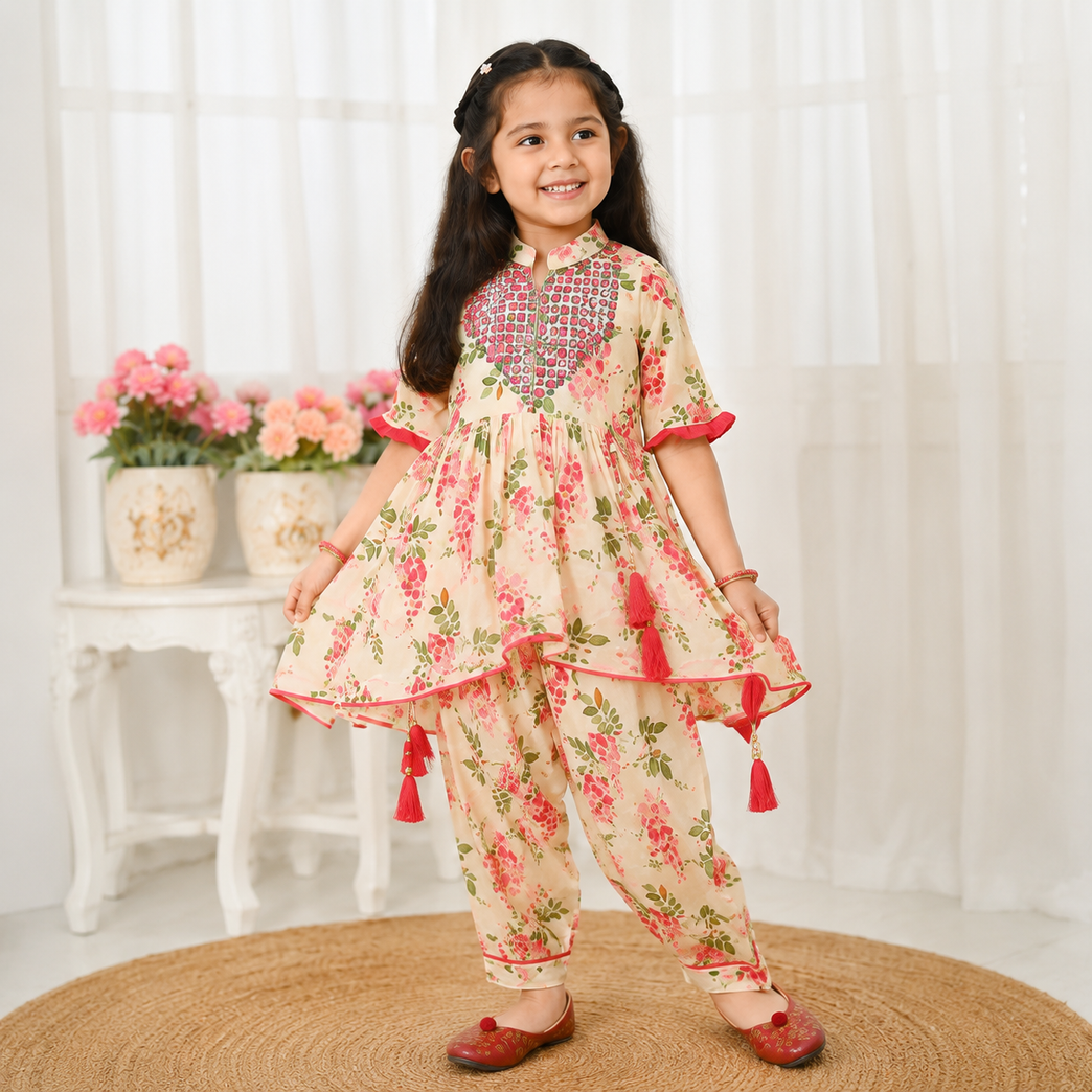 Krazy Girls Floral Printed Gotta Patti Pure Cotton Kurta with Salwar Set