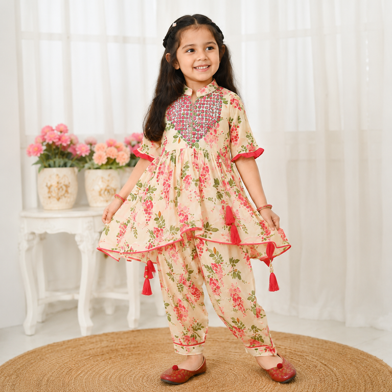 Krazy Girls Floral Printed Gotta Patti Pure Cotton Kurta with Salwar Set