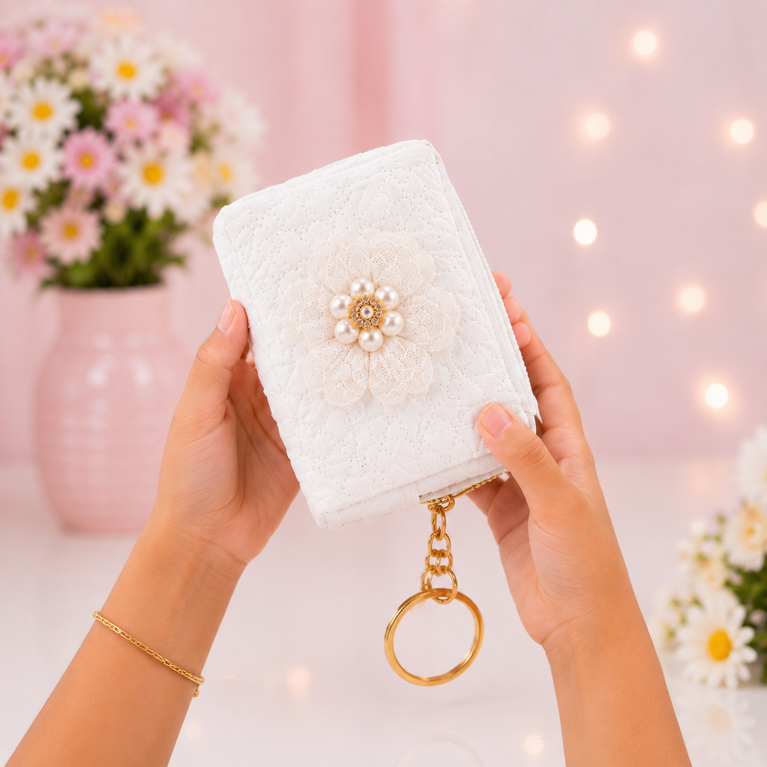 Floral Quilted Coin Purse Girls | Mini Zipper Wallet with Pearl Flower Charm, Keychain Ring | Cute Cash, Coin & Earbuds Pouch (Multi-Color)