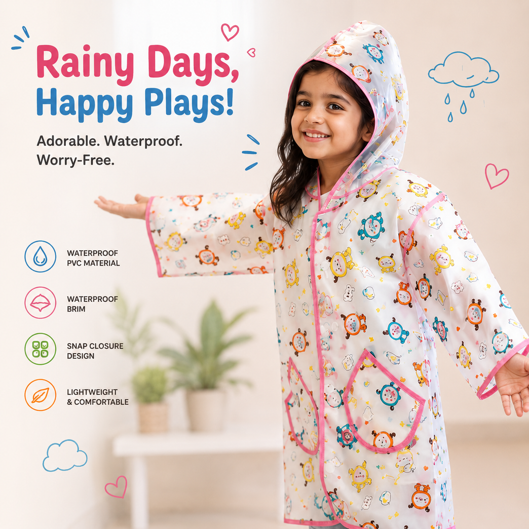 Kids Waterproof PVC Hooded Raincoat with Transparent Brim | Cartoon Print Lightweight Rain Wear for Boys & Girls | White & Pink