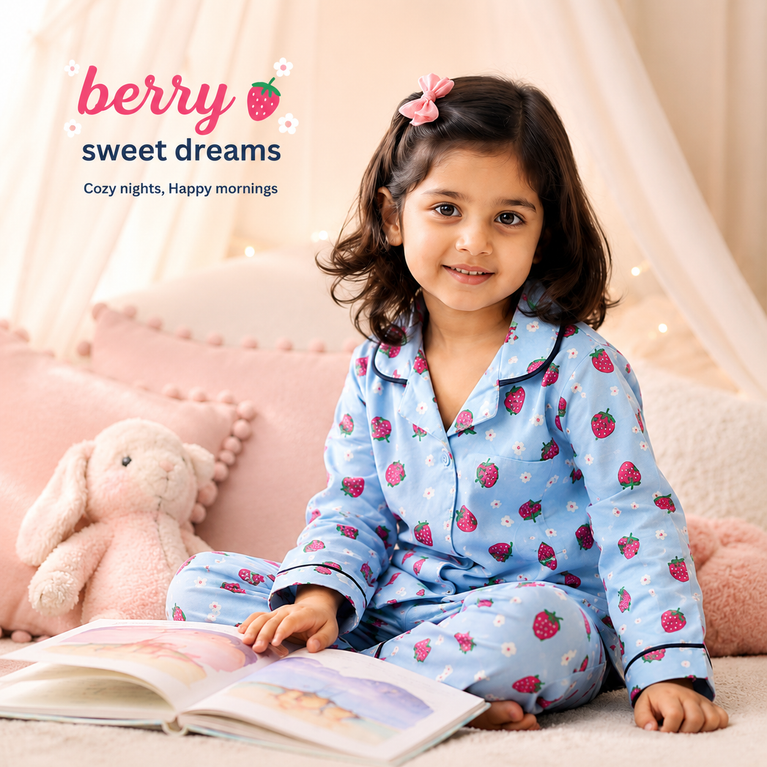 DOREME Girls Strawberry Print Cotton Night Suit Set | Soft Full Sleeve Kids Pyjama Set for Girls | Comfortable Sleepwear &amp; Loungewear