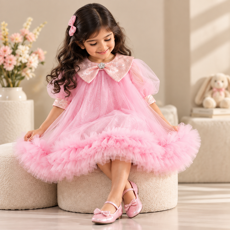 Pink Glitter Party Dress | Sequin Collar & Tulle Frock