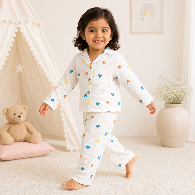 Multicolour Heart Print Cotton Co-ord Night Suit Set | White Shirt &amp; Pajamaourful Heart NightSuit