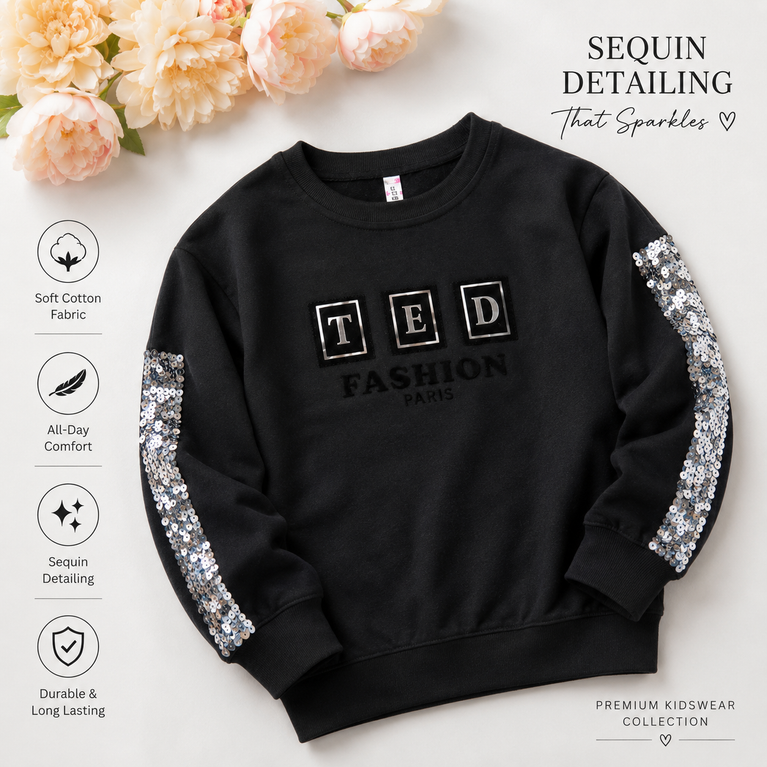 Girls Premium Black Sequin Sleeve Sweatshirt – Stylish Casual Winter Top for Kids