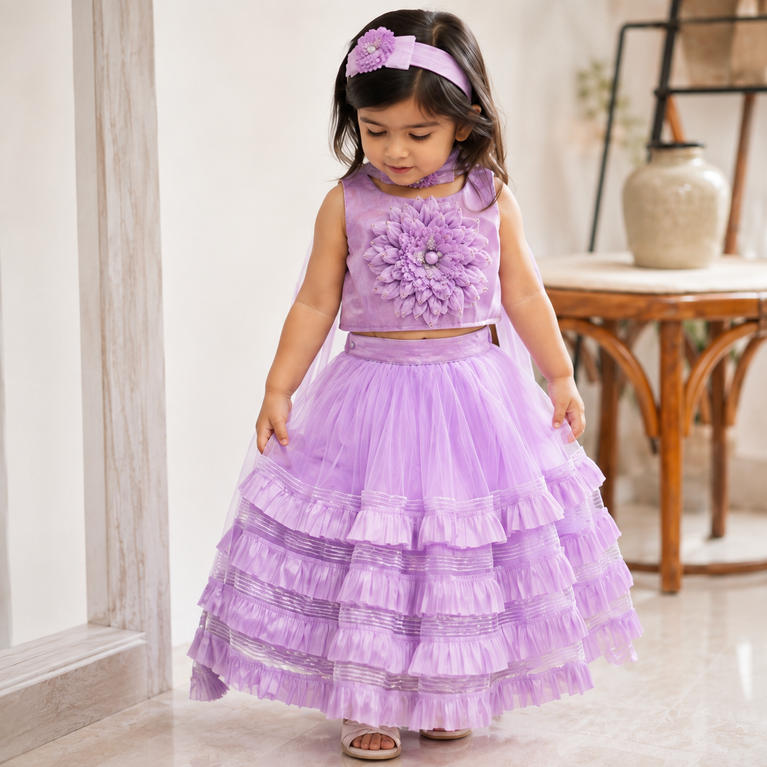 Lavender Floral Lehenga Choli Set with Layered Ruffle Skirt & Net Dupatta