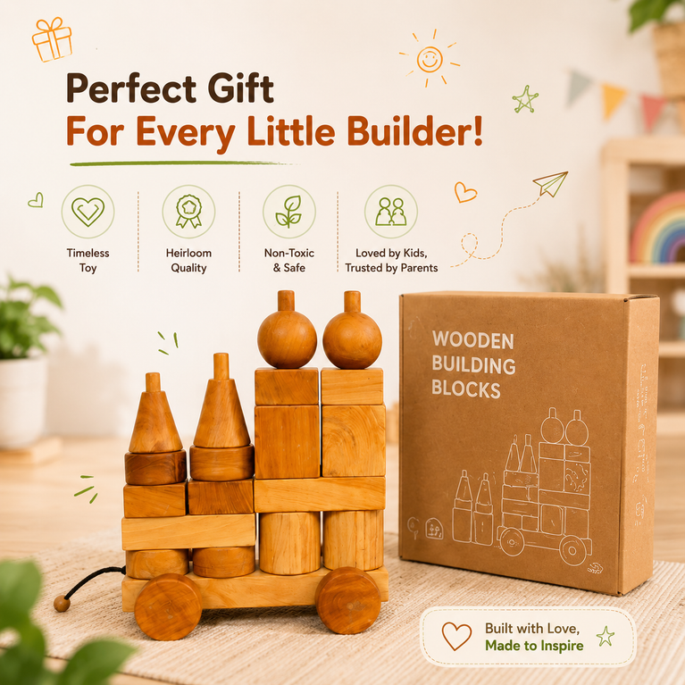 Premium Wooden Building Blocks Pull Cart Toy for Kids | Natural Montessori Learning Toy