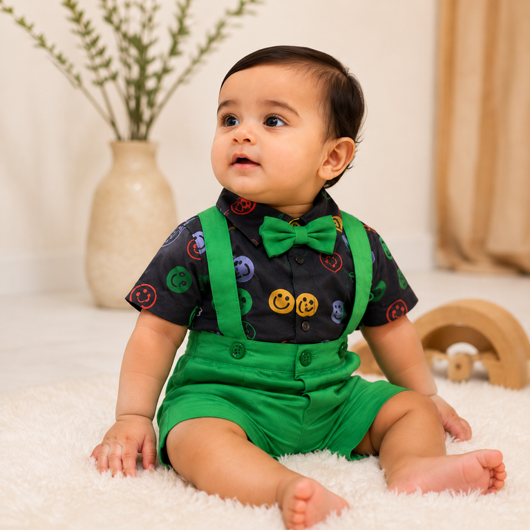 Smiley Print Boys Suspender Shorts Set with Bow Tie – Premium Kids Party Wear Outfit | Trendy Toddler Clothing