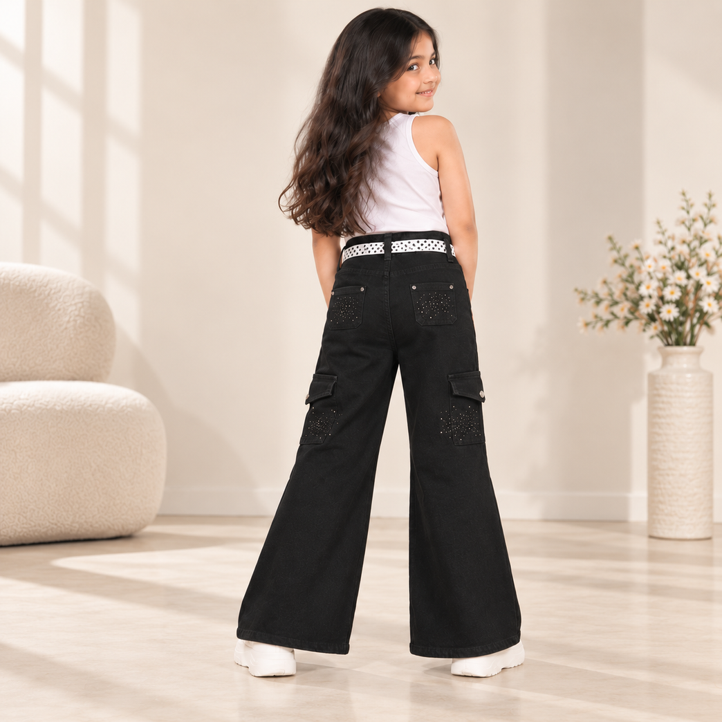 Black Cargo Jeans for Girls with Stud Details & Belt| 6-7 years