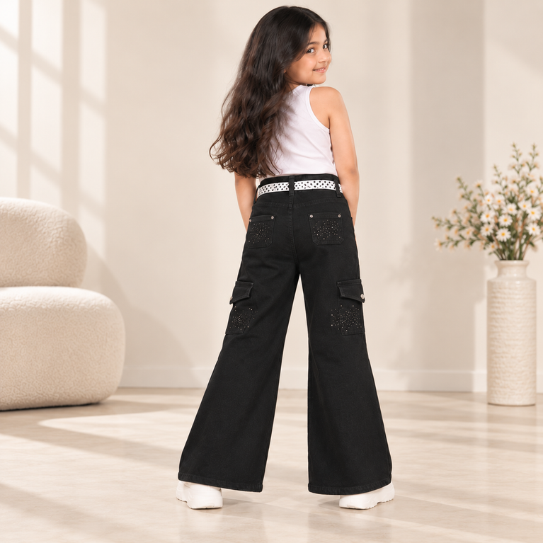 Black Cargo Jeans for Girls with Stud Details & Belt| 6-7 years