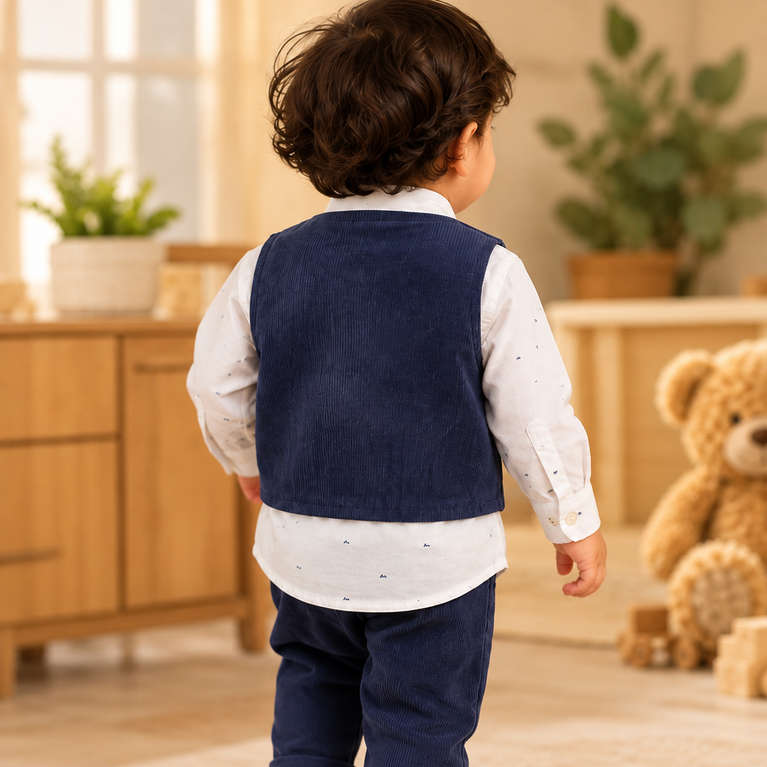 Navy Blue Corduroy Waistcoat, Shirt & Pants Set for Boys | Kids Formal Party Outfit