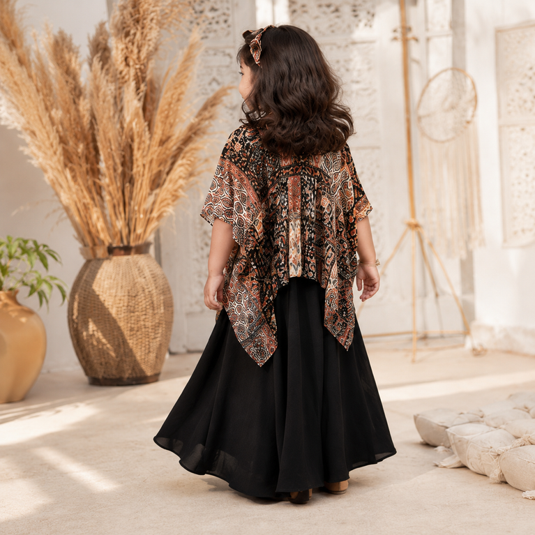 Black Multi-Print Boho Kaftan Top with Black Palazzo Set | Ethnic Wear for Kids | Comfortable Party &amp; Festive Outfit
